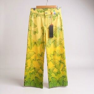 NWT VBRT Vibrant Miu Butterfly Print Yellow Green Wide Leg Fairycore Jeans S